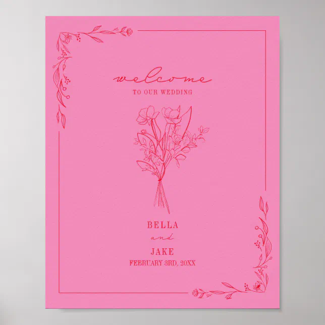 Bouquet Line Art Pink Red Wedding Welcome Poster