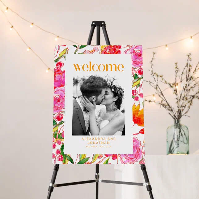 Colorful Pink Orange Floral Wedding Welcome Photo Foam Board