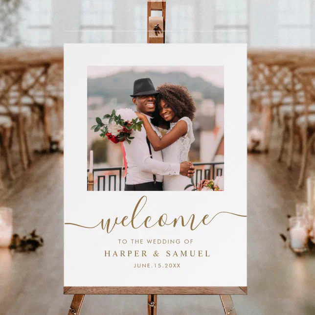 Elegant Gold Calligraphy Photo Wedding Welcome Foam Board