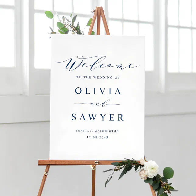 Navy Blue Minimalist Script Wedding Welcome Poster