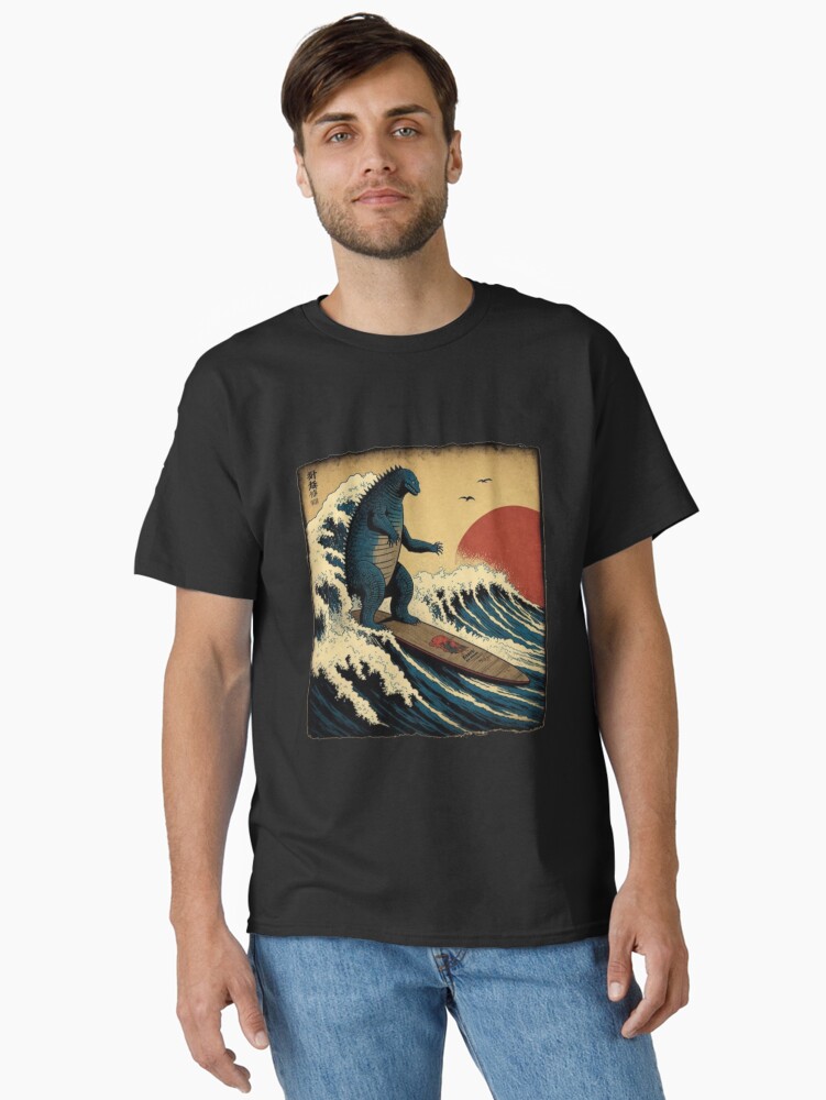Godzilla Surfing The Great Wave by Hokusai Funny Parody Classic T-Shirt