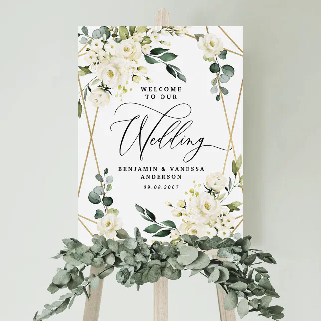 Welcome to Our Wedding Floral Gold Geometric Sign
