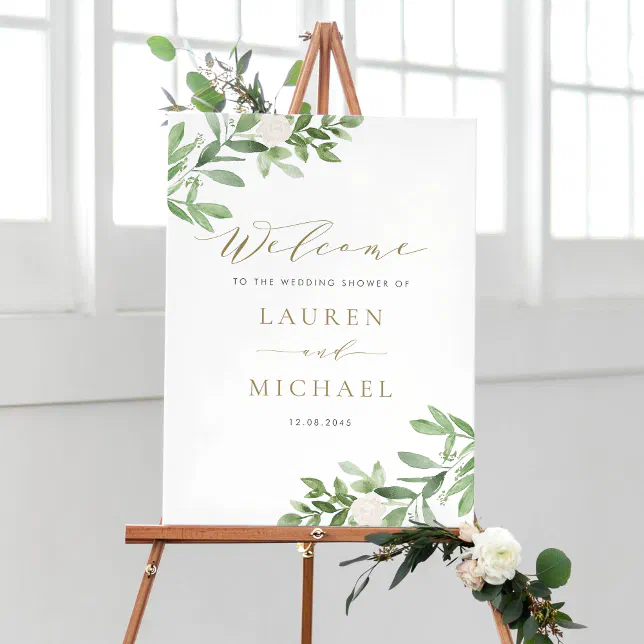 White Flowers and Greenery Wedding Shower Welcome Poster